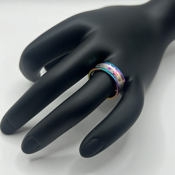 Concave Star Etched Rainbow Stainless Steel Ring - Picture 1 of 8